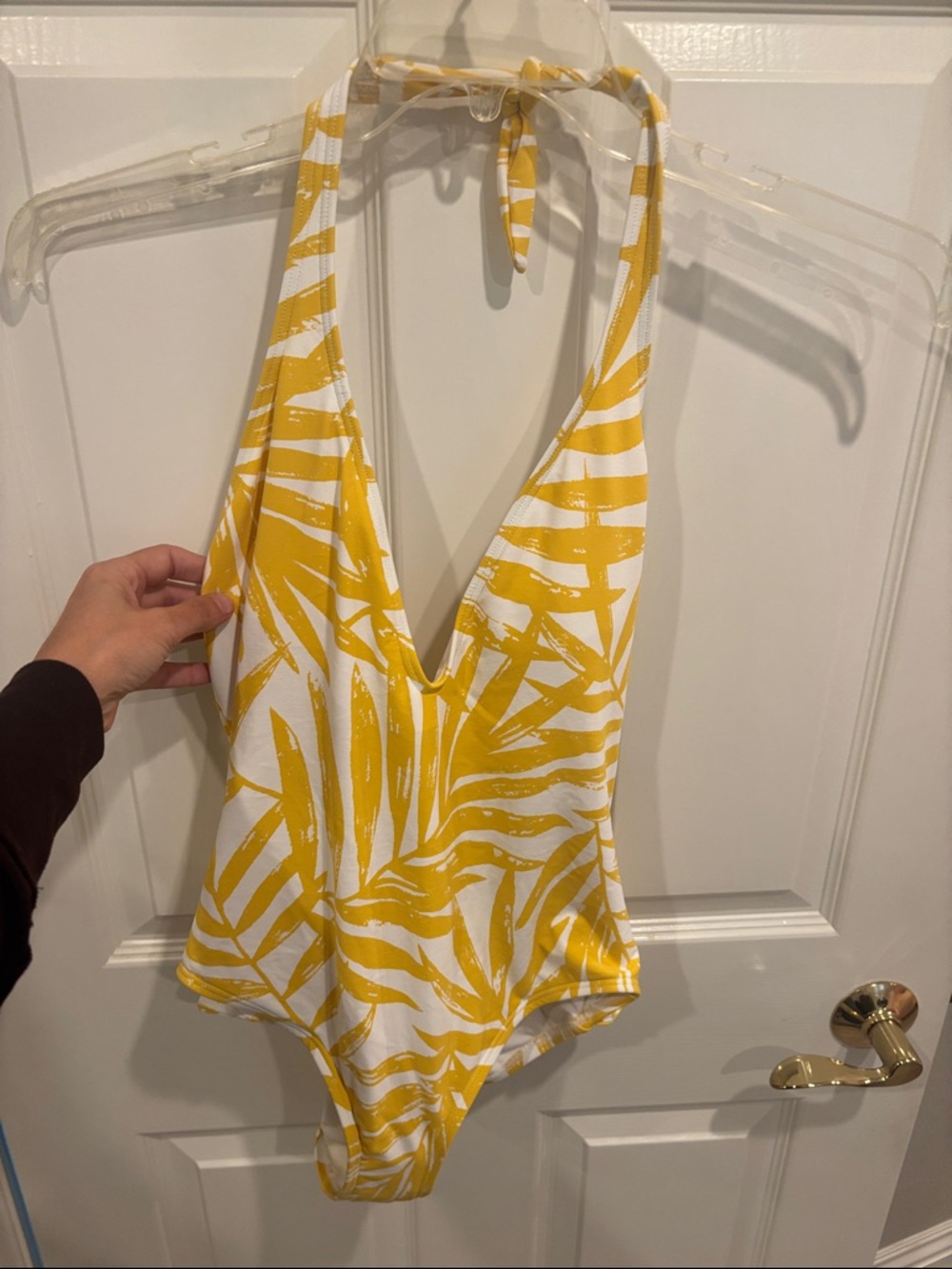 Kids Yellow Palm-Print Halter One-Piece Swimsuit